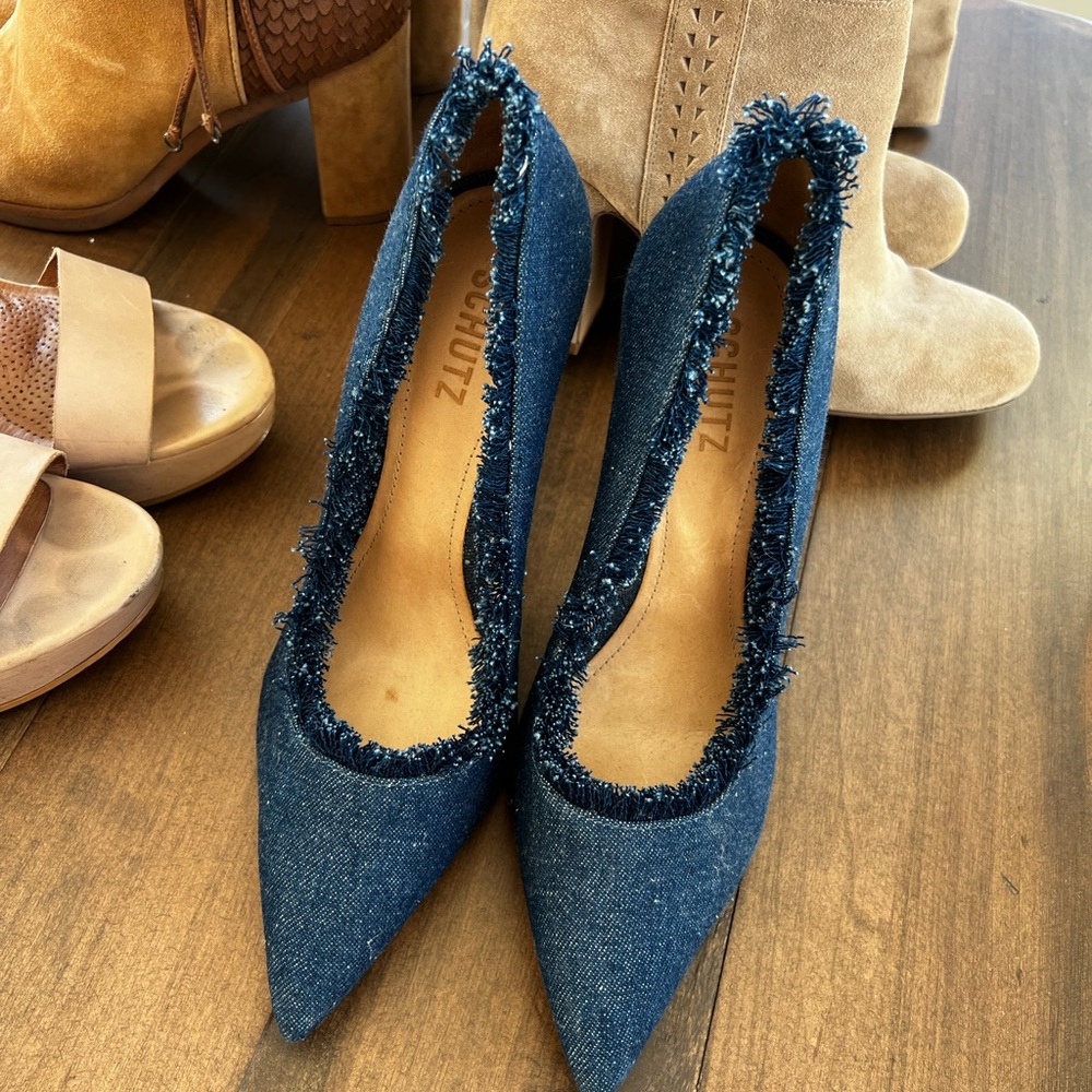 Schutz Denim Pointed Toe Heels